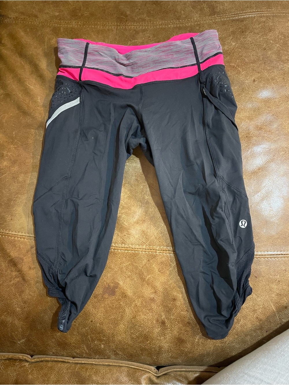 lululemon athletica Black Capri Leggings with Pink Striped Waistband